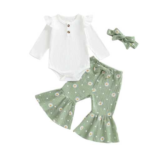 Baby Girl Long Sleeve Flared Daisy Pants 3-Piece Outfit Set – The Trendy Toddlers