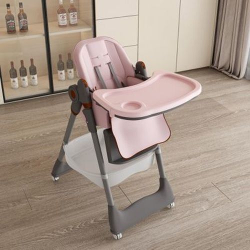APRILSOUL Pink Adjustable Baby High Chair 0-6 Years, Portable Infant Feeding Seat with Safety Belt, Silent Lockable Wheels and Easy-Clean