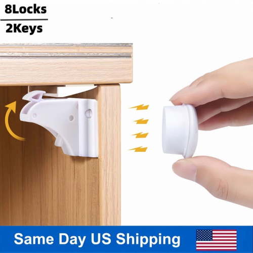 8-Pack Baby Proofing Cabinet Locks, No Drill Magnetic Latches for Kitchen Cabinets & Drawers, Includes 2 Keys, Easy Install Child Safety Locks