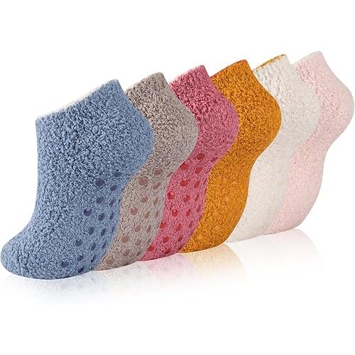COOPLUS Non Slip Hospital Socks with Grips for Women Cozy Fluffy Winter Warm Fuzzy Slipper Socks for Women