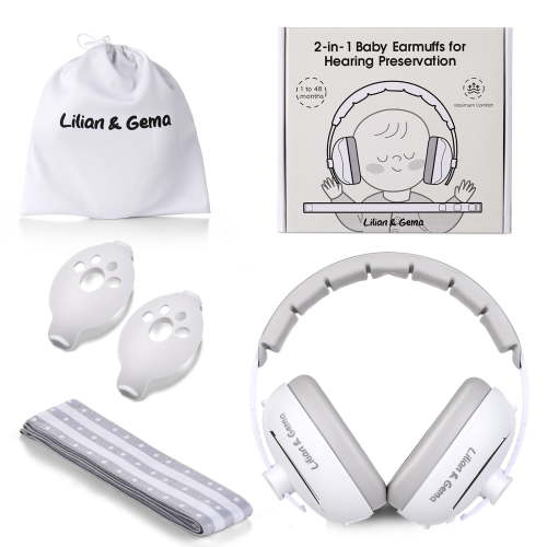 2-in-1 Baby Ear Muffs Noise Protection, Adjustable Headphones with Stretchy Band, Noise Cancelling for Toddler up to 4 Years, Airplane Essentials/Outdoor, White