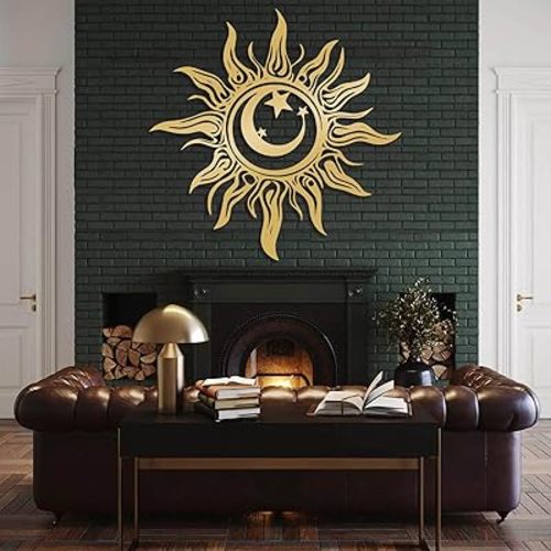 Sun and Moon Metal Wall Art, Celestial Wall Hanging, Sun Moon and Stars Wall decor, Boho Sunburst Decor, Metal Wall Art for Living Room, Bedroom (Gold, 19"x19"|47x47cm)