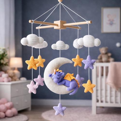 Handmade Crochet Dragon Baby Mobile – Mint & Lavender Nursery Crib Mobile