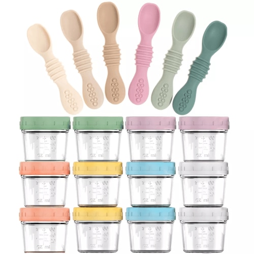 12-Pack Glass Baby Food Storage Jars with Lids, 6-Pack Silicone Baby Self-Feeding Spoons – BPA-Free, Leakproof, Freezer Safe Jars