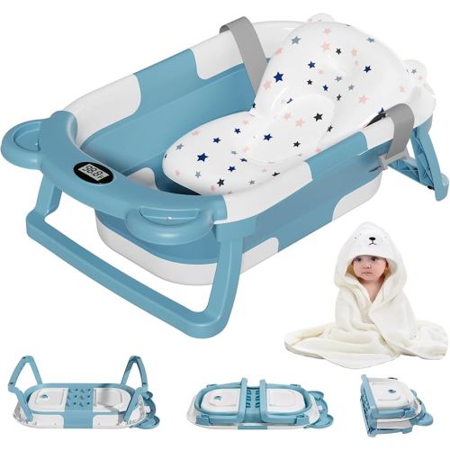 MoreFeel Collapsible Baby Bathtub for Newborn with Thermometer & 1 Hooded Towel & 1 Soft Floating Cushion,Portable Travel Bathtub with Drain Hole, Durable Foldable Baby Tubs for Infants to Toddler