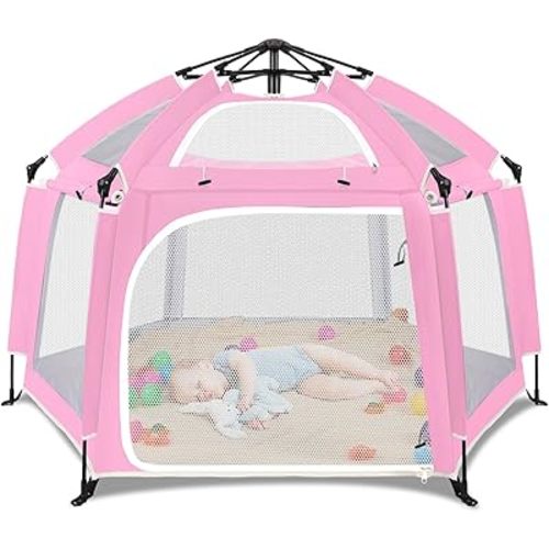 Pop Up Playpen for Baby, Portable Playpen for Babies and Toddlers with Removable Sun-Shades& 2 Side UV Covers, Lightweight Outdoor Baby Play-Pen for Beach Home with Travel Bag, Pink & Gray