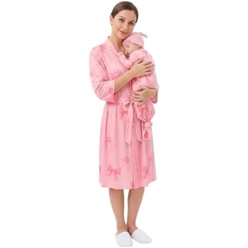Mommy and Me Robe and Swaddle Set Floral Maternity and Baby Matching Delivery Blanket Headband for Mom Girl Boy 4pcs