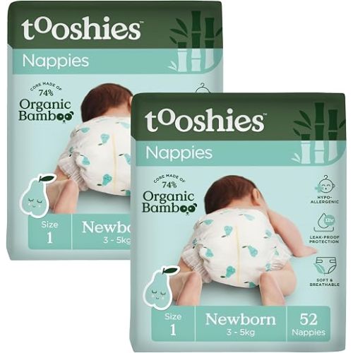 Tooshies Nappies | Size 1 Newborn 3-5kg | Made with Organic Bamboo | 12 hrs leak free | Unisex | Pear Print | 2 x 52pk | 104 count | 2 WEEK SUPPLY