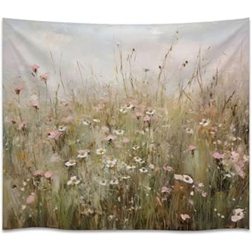 Tapestry Wall Hanging Soft Tone Wildflower Field With Pink White Blooms Oil Painting Style - Home Decor For Bedroom Living Room Serene Natural Aesthetic Tapestries30x40inch