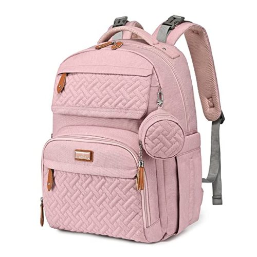 BabbleRoo Diaper Bag Backpack - Travel Large Baby Diaper Bag with Changing pad, Waterproof Baby Bags for Mom & Dad, Unisex Bags with Pacifier Case, Luggage Strap & Stroller Clips– Pink
