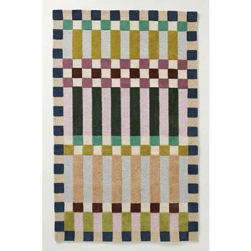 Rug Barn Hand-Tufted Wool Runner Rug – 2.5x10 Ft, Multicolor Geometric Checkered & Striped Pattern in Navy, Olive Green & Beige, Handmade Carpet with Cotton Backing for Living Room, Nursery & Bedroom