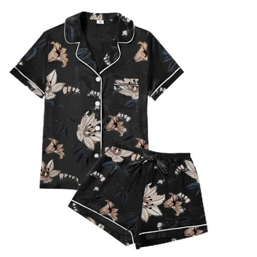 WJing Yi Jia Womens Satin Silky Pajama Sets Short Sleeve Shirt XS-4XL Floral Pajamas Set Soft PJ Loungewear Sleepwear