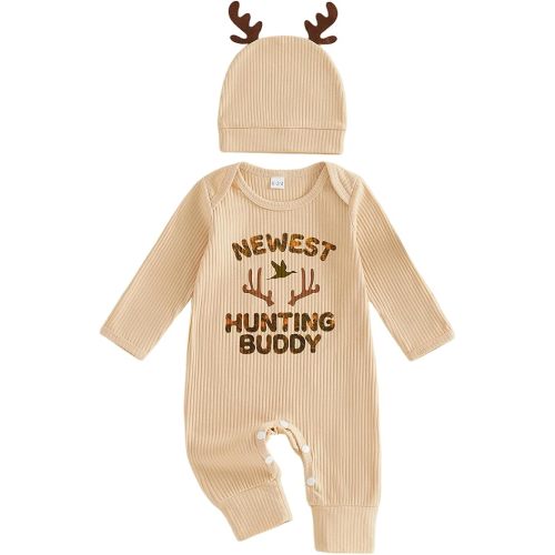 Newborn Baby Boy Clothes Hunting Waffled Long Sleeve Romper Jumpsuit Hat
