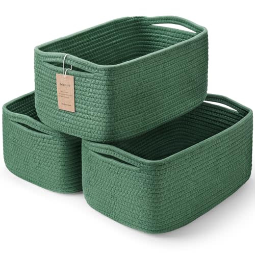 Maxuni 3-Pack Shelf Baskets for Organizing, Closet Organizer Bins, Small Woven Baskets, Rope Toy Basket, Storage Basket for Shelves, Cube Decorative Box, 11.8×7.8×5.1”, Green