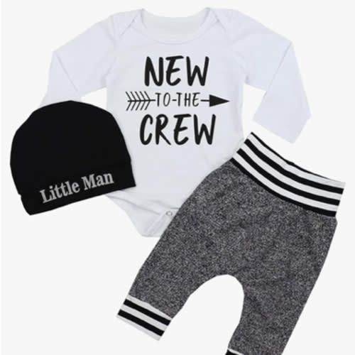 Fommy Newborn Baby Boy Clothes New to The Crew Letter Print Romper+ Pants+Hat 3PCS Outfit