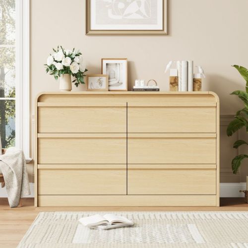 Arched 6 Drawer Dresser for Bedroom, Natural 47in Wooden 6 Chest of Drawers with Curved Design, Modern Closet Storage Cabinet for Living Room, Nursery