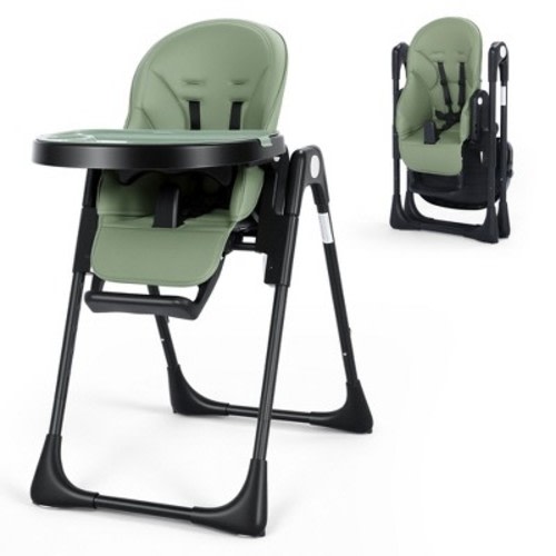 TODECARE Foldable High Chair with Soft Cushion, Height Adjustable Toddler Eating Chair with Detachable Double Trays, Green