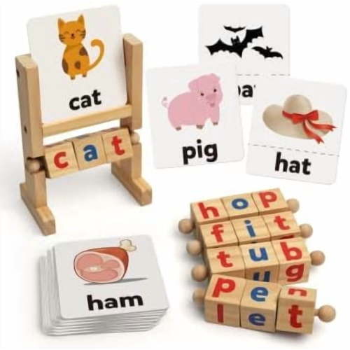 Coogam Wooden Reading Blocks Short Vowel Rods Spelling Games, Flash Cards Sight Words Montessori Alphabet Learning Toy for Preschool 3 Year