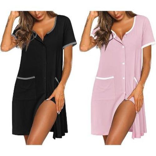 Ekouaer Nightgowns for Women 2 Pack Button Down Sleep Shirts Short Sleeve Nightshirt Sleepwear House Dress with Pockets Black/Pink M