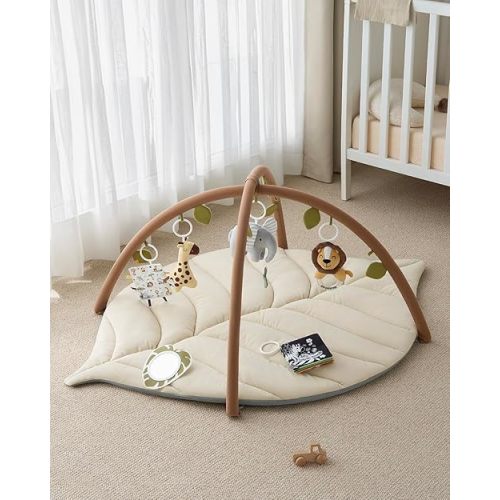 Blissful Diary Baby Play Gym & Activity Mat, Leaf Shaped Baby Tummy Time Play Mat with 6 Detachable Toys, Promotes Motor Skills & Sensory Development, Newborn Baby Essentials Gift, Oatmeal Beige