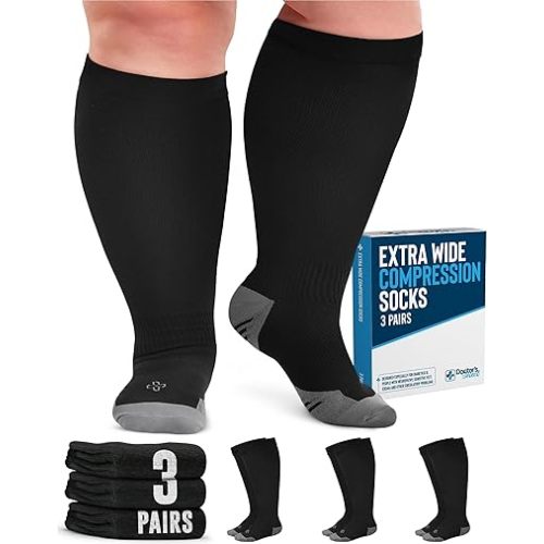 Doctor's Select 3 Pairs Plus Size Compression Socks Wide Calf - Up to 6XL | 20-30 mmHg Compression Socks for Women Wide Calf | Black