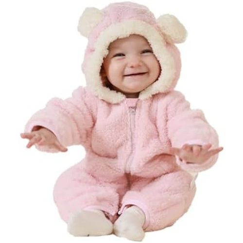 Newborn Baby Bear Outfit Suit With Fold-Over Mittens Footies Girls Boys Winter Fleece Clothes Hooded Romper Snowsuit