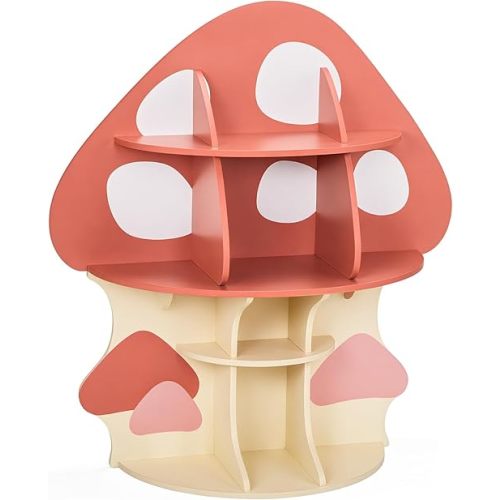 Karl home Children Mushroom Bookcase, Toddler Tree Bookshelf for Kids, Baby Montessori Bookshelf and Toy Storage, Kids Room Furniture, Display Shelf for Bedroom, Nursery, Playroom, Red-Orange