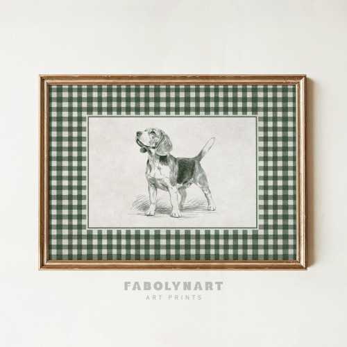 Beagle Wall Art Print, Minimalist Gingham Beagle Dog Sketch Painting, Sage Green Nursery Decor