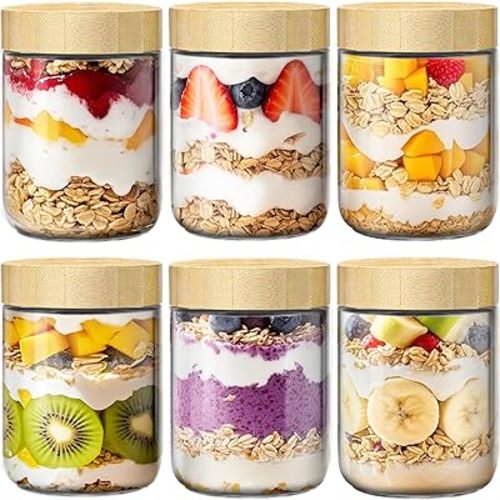6 Pack 16oz Overnight Oats Containers with Bamboo Lids, Glass Jars with Airtight Lids for Meal Prep, Wide Mouth Mason Salad Jars, Glass Food Storage Container for Yogurt Chia Snacks Spice Sugar