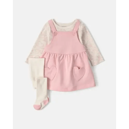 Baby Girl 3-Piece Heart Valentine's Day French Terry Long-Sleeve Dress Set - Pink/Cream | Carter's