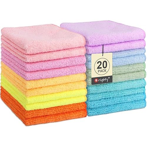 Orighty Washcloths Towels Set 20 Pack, Highly Absorbent and Soft Feel Microfiber Face Cloths, Multi-Purpose Wash Cloths & Hand Towels for Bathroom, Hotel, Spa, and Gym, 11.5x11.5 Inch, Multicolor