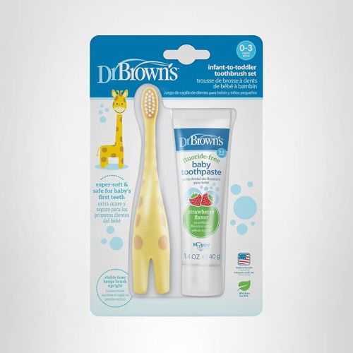Dr. Brown’s Infant-to-Toddler Training Toothbrush Set, Mint Elephant with Fluoride-Free Strawberry Baby Toothpaste, 0-3 years