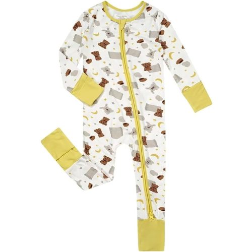 Teach Leanbh Unisex Baby Bamboo Viscose Pajamas with Mittens and Feet Cuffs Soild Printing 2 Way Zipper Long Sleeve Romper