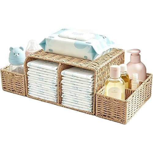 Woven Rattan Diaper Caddy Organizer, Detachable Bins for Changing Table