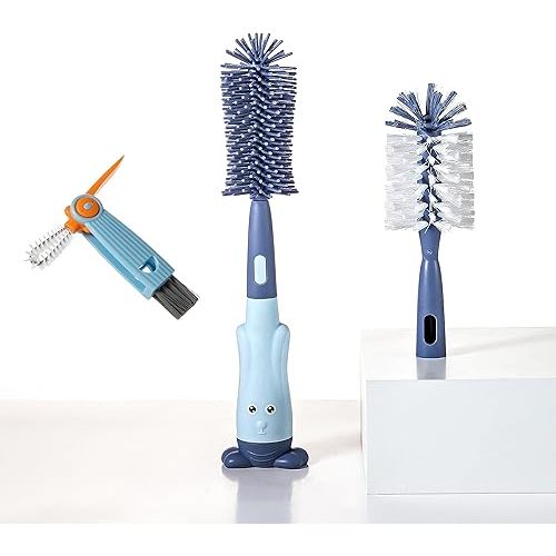 Chemimoso Cup Cleaning Brush, Silicone Baby Bottle Brush with Stand, Large Handle Water Bottle Brush Cleaner Set, with a Tiny Cup Lid Gap Cleaning Brush, Cup Lid Cleaner Brushes Kit, Blue