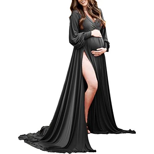Dedysler Maternity Gowns Long Sleeves Baby Shower Dress for Photoshoot Wrap Split Sweetheart Maxi Photography