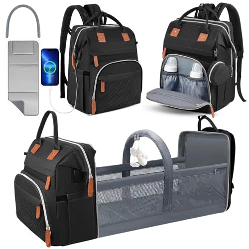 Diaper Bag Backpack for New Parents, Large Capacity Baby Travel Bag with Bottle Holders, Multiple Compartments (Black)