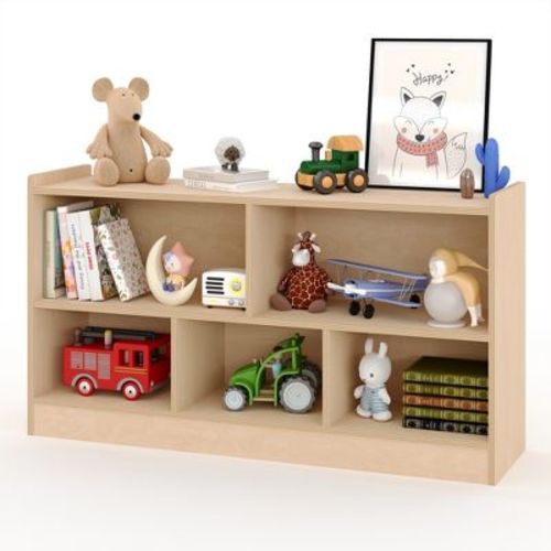 Kids Wooden Bookshelf 5-Section 2-Tier, Open Shelving Toy Storage Organizer Bookcase for Playroom, Nursery, Classroom & Kindergarten