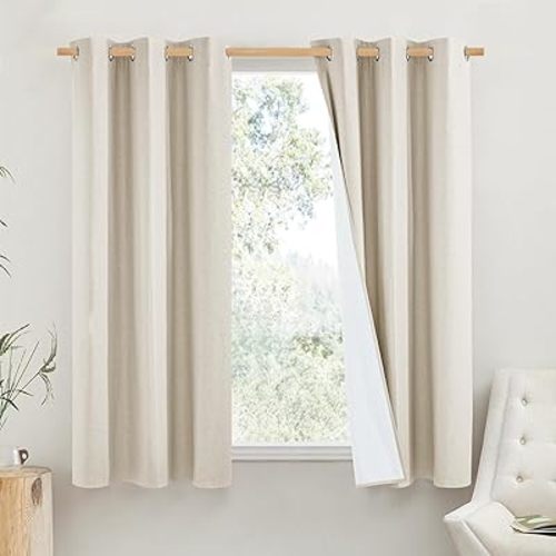 NICETOWN Linen Blackout Cold Blocking Curtains 63" Long for Classroom, Beige, Set of 2, Short Kitchen Burlap Linen 100% Blackout Drape Panels for Night Shift, Great Job for Blocking Light