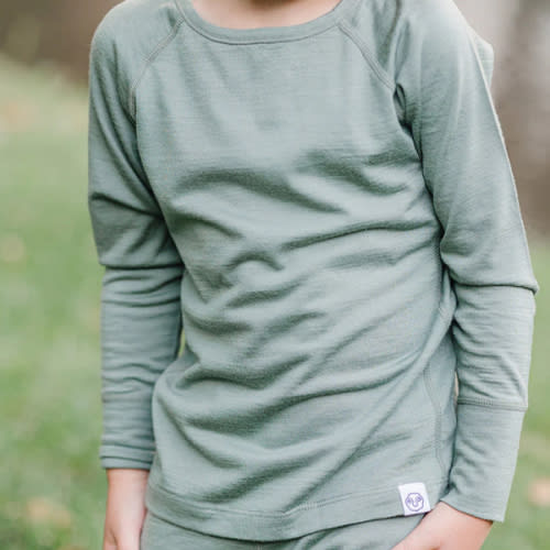 Kids Merino Wool Base Layer, Long Sleeve Top, Sage