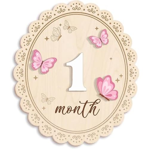 Wooden Baby Monthly Milestone Signs Pink Butterfly 1-24 Months