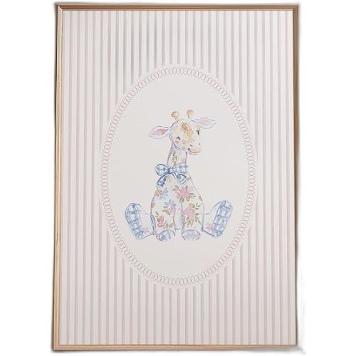 Physical Print Grandmillennial Nursery Giraffe Wall Art Pink Striped Poster for Girls Bedroom Decor Framed Illustration