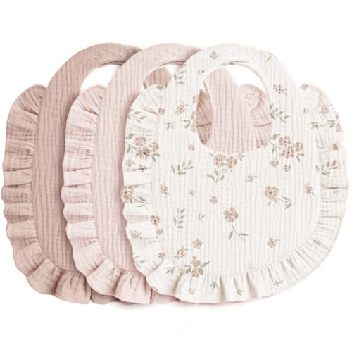 TELOLY Muslin Baby Bibs for Girls \U2013 Soft 100% Cotton Drool Bibs, Ruffle Trim for Newborns & Toddlers 0-36 Months 3-Pack Soft Baby Bibs