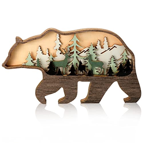 Honoson Forest Animal Rustic Wall Art Decor - Wooden Farmhouse Wall Decoration - Wooden Animal Decor - Bear Style, Colorful