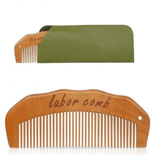 Anna-Kaci Wooden Labor Comb Set with Smooth Wide-Fine Teeth, Engraved Comfort Grip Design, Storage Case, and Hair Loop Styling Tool - Brown