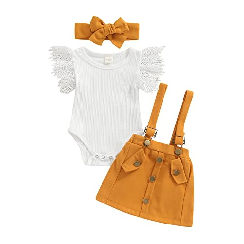 Madjtlqy Infant Girls Summer 3Pcs Outfit Sets Ruffle Short Sleeve Ribbed Romper + Suspender Skirt + Headband