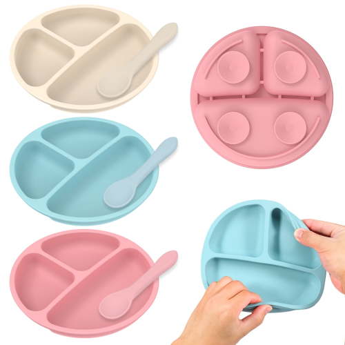Evjurcn 3Pcs Baby Suction Plates with 3 Spoons BPA Free Silicone Suction Plates Divided Suction Plates Round Baby Feeding Set Non-Slip Baby Weaning Plate for Baby Kids Toddlers