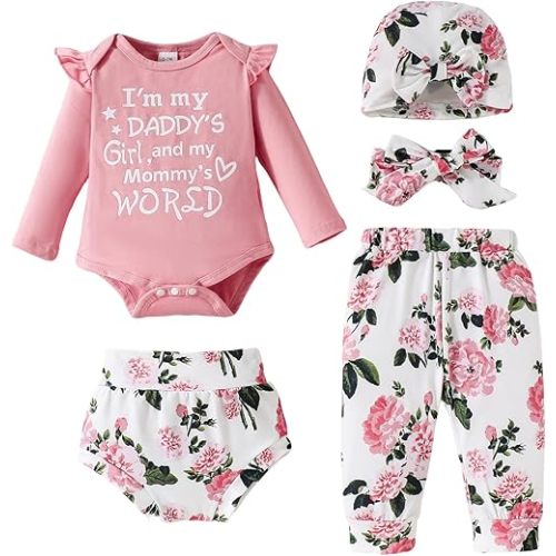 SUNNY PIGGY Baby Girl Clothes Infant Newborn Girls Outfits Romper with Headband Hat Pants Shorts Set 5Pcs