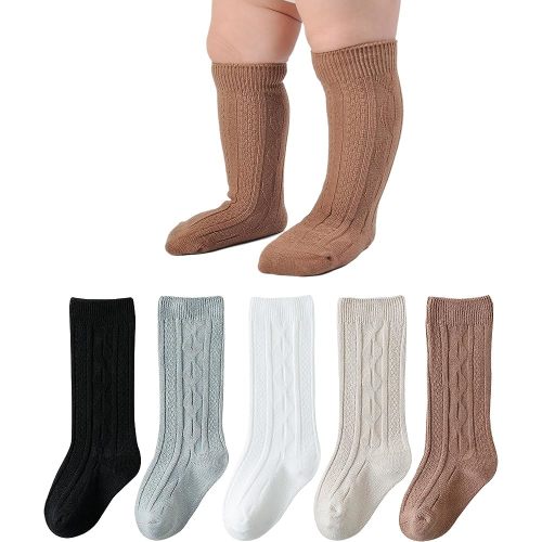EPEIUS Baby Girl Knee High Socks - Seamless Cable Knit Cotton Stockings for Newborn Boys 0-3 Months (Earth Set 5 Pack XS)