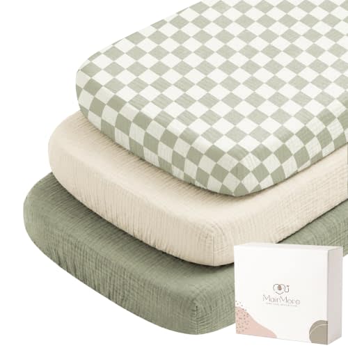 MairMore 3 Pack Muslin Baby Bassinet Sheets for Bedside Sleepers | Soft & Breathable, 100% Cotton, Full Elastic Fit, for Moses Basket, Oval Rectangle Pad and Mattress (Green Chessboard)